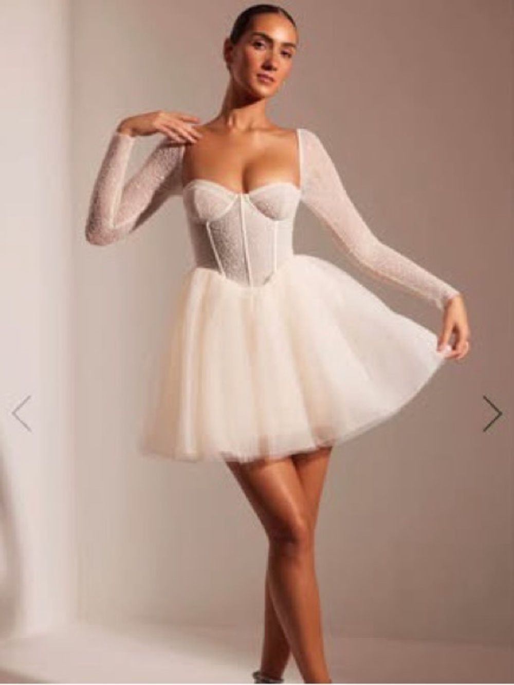 Elegant Ivory Tulle Corset Mini Dress with Sheer Long Sleeves